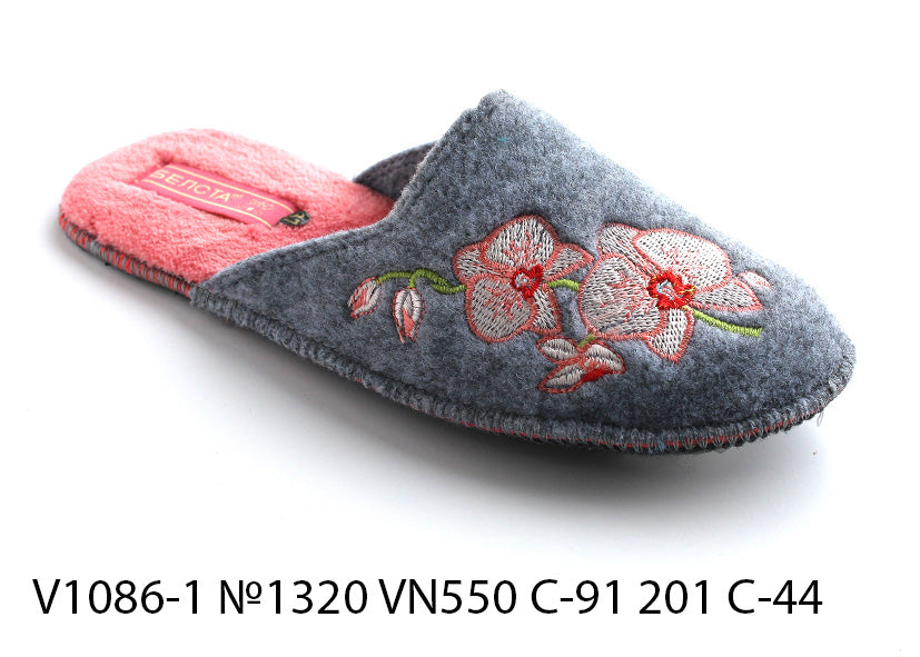 Women's closed slippers BELSTA made of grey Italian felt, decorated with orchid flower embroidery
