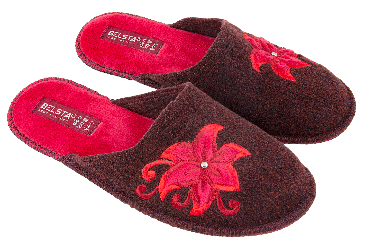 Women's open slippers BELSTA made of Italian felt, decorated with a flower with a heart embroidery