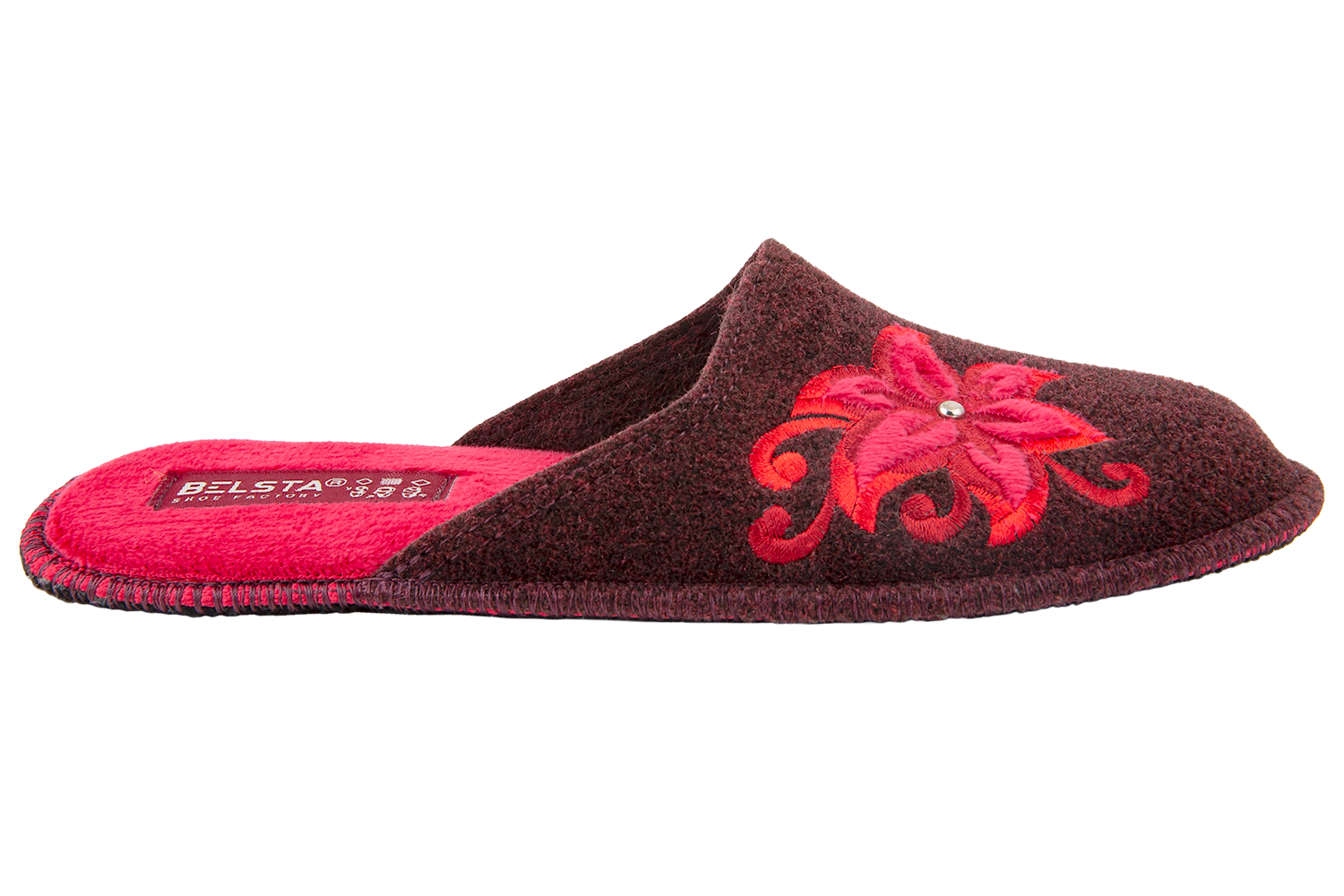Women's open slippers BELSTA made of Italian felt, decorated with a flower with a heart embroidery