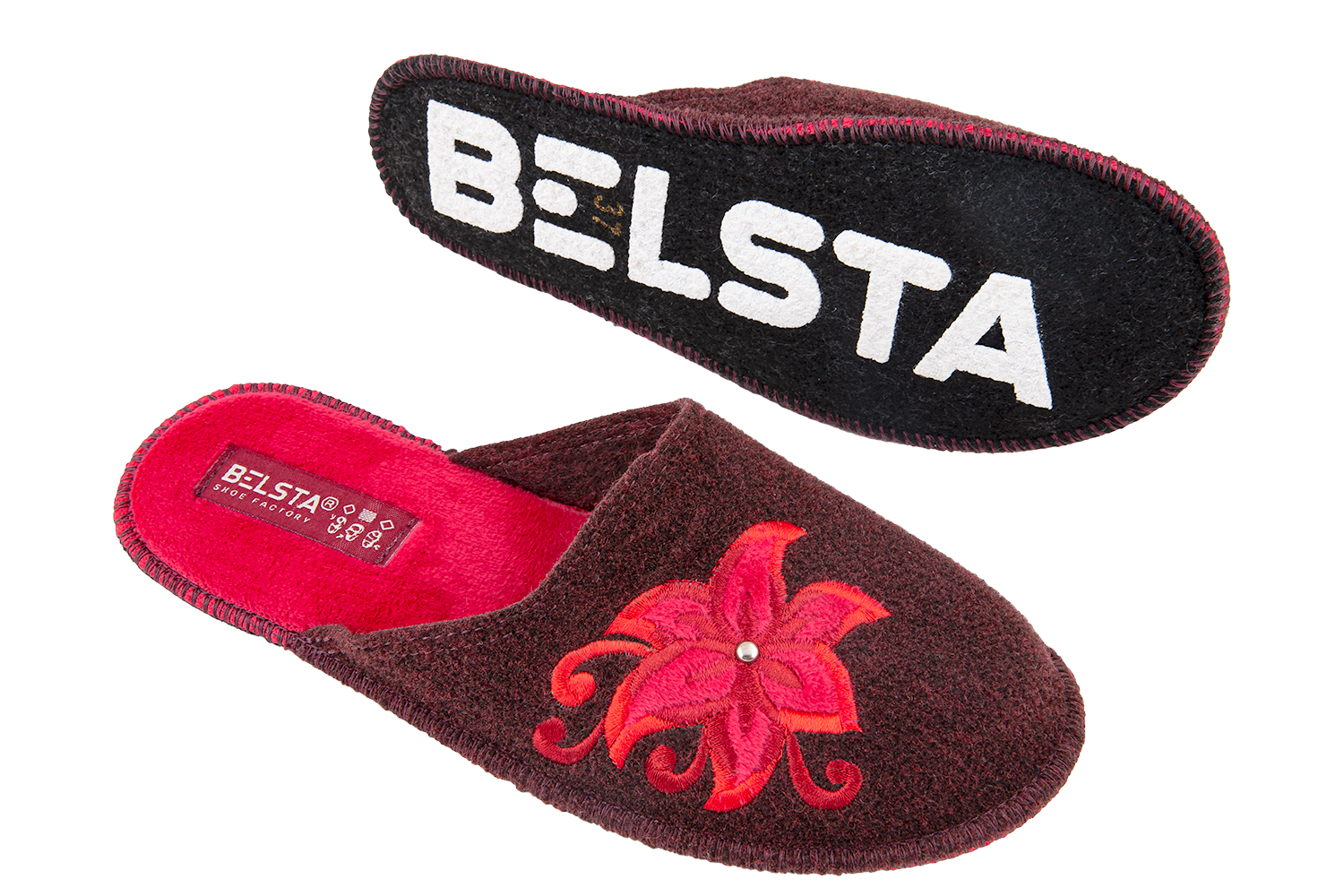 Women's open slippers BELSTA made of Italian felt, decorated with a flower with a heart embroidery