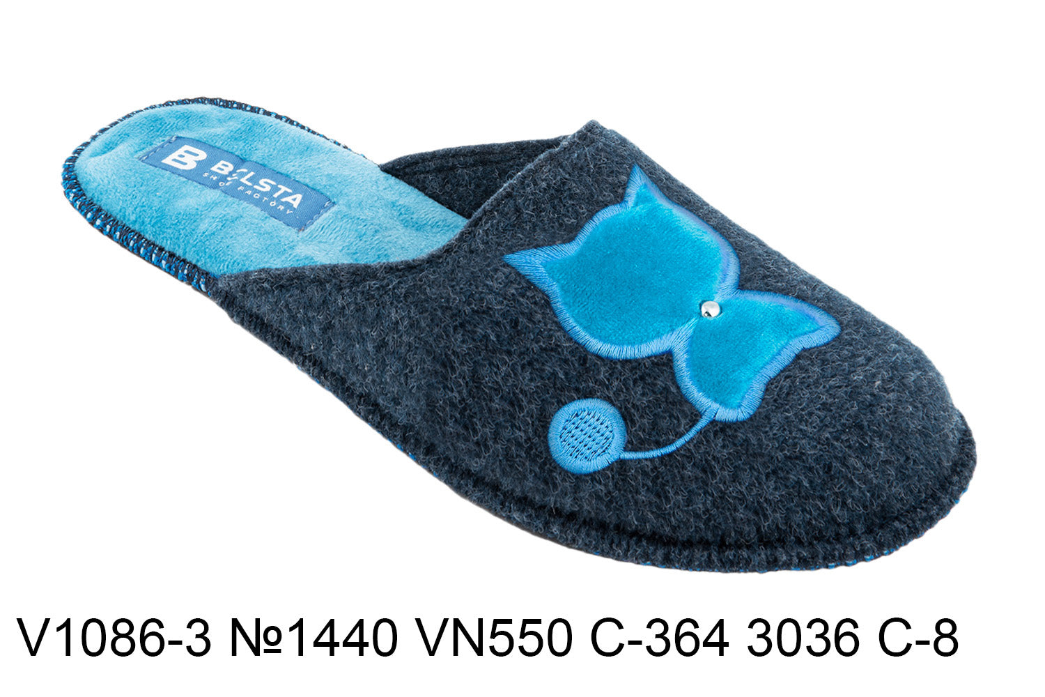 Women's closed slippers BELSTA made of dark blue Italian felt, decorated with cat embroidery