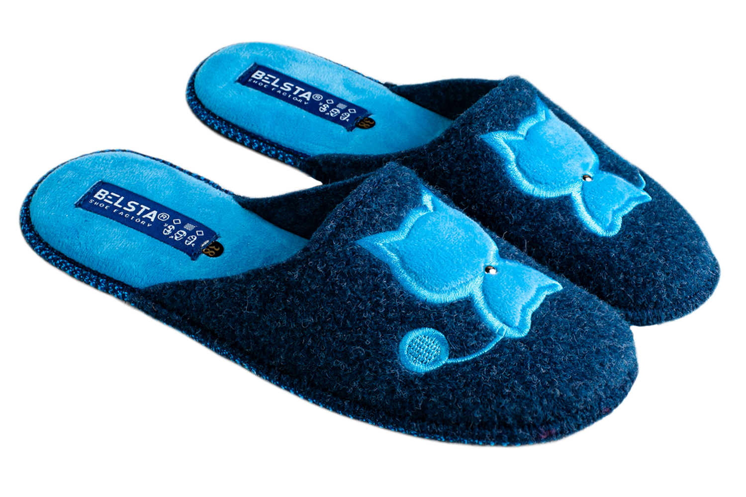 Women's closed slippers BELSTA made of dark blue Italian felt, decorated with cat embroidery