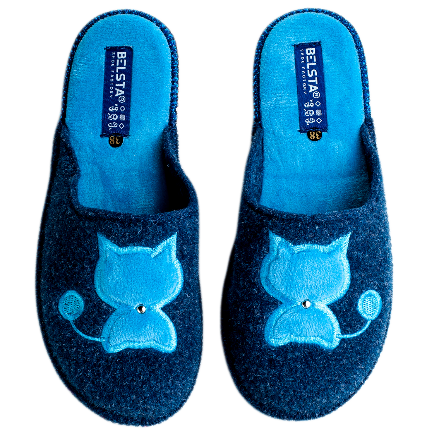 Women's closed slippers BELSTA made of dark blue Italian felt, decorated with cat embroidery