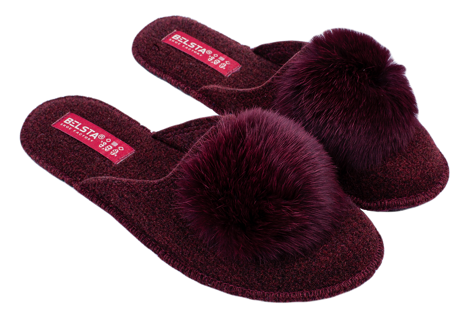 Indoor closed women's slippers made of Italian felt, decorated with fur