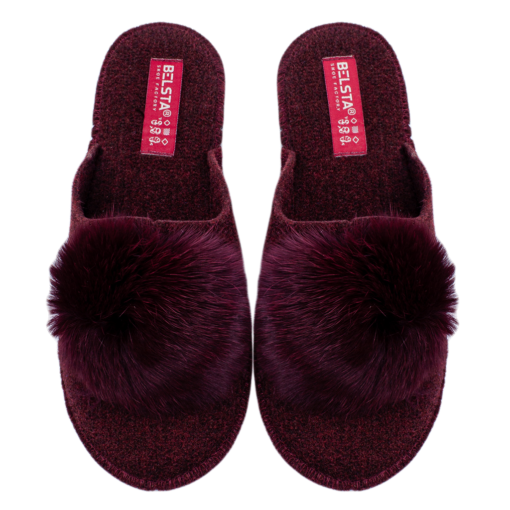 Indoor closed women's slippers made of Italian felt, decorated with fur