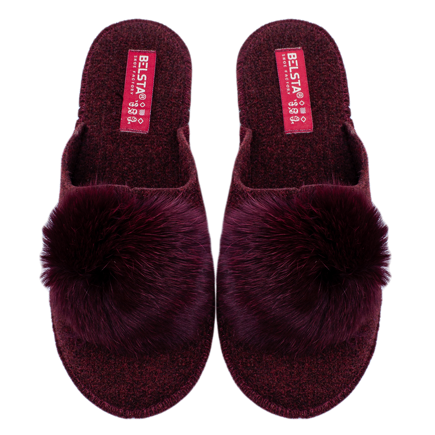 Indoor closed women's slippers made of Italian felt, decorated with fur
