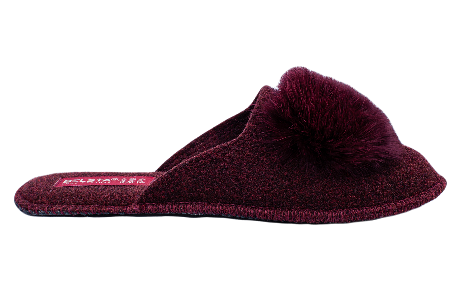 Indoor closed women's slippers made of Italian felt, decorated with fur