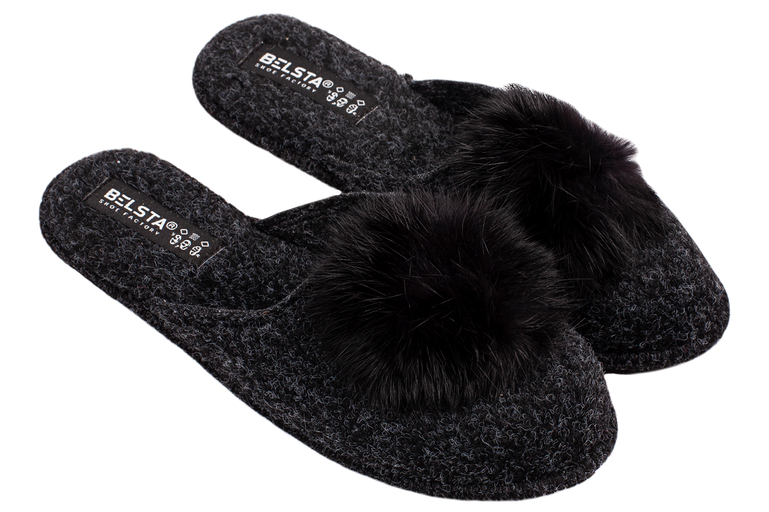 Indoor closed women's slippers made of Italian felt, decorated with fur