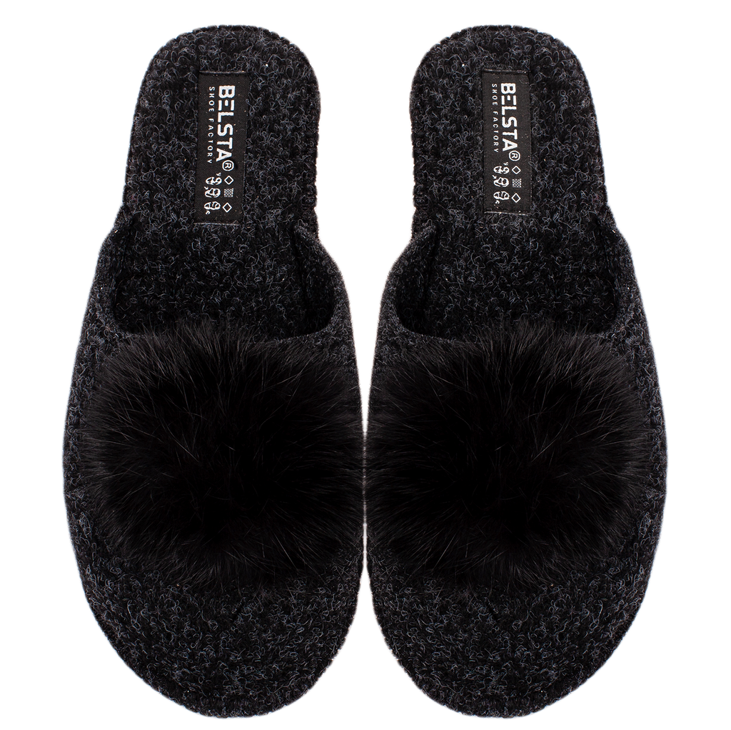 Indoor closed women's slippers made of Italian felt, decorated with fur