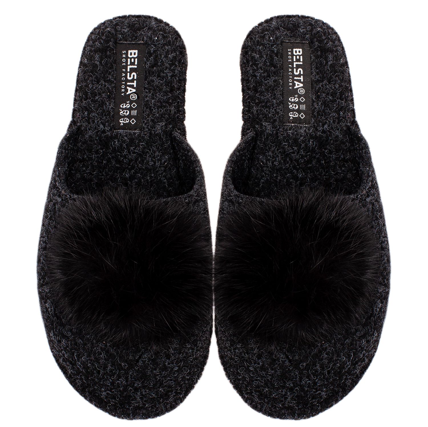 Indoor closed women's slippers made of Italian felt, decorated with fur