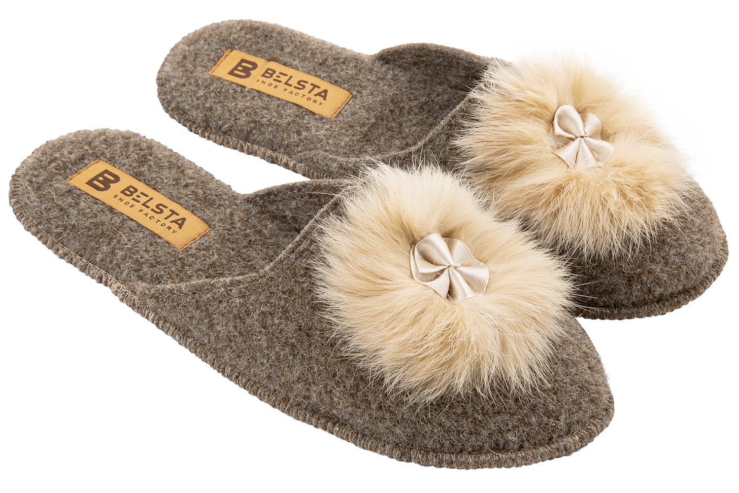 Women's closed slippers BELSTA made of Italian felt, decorated with natural fur