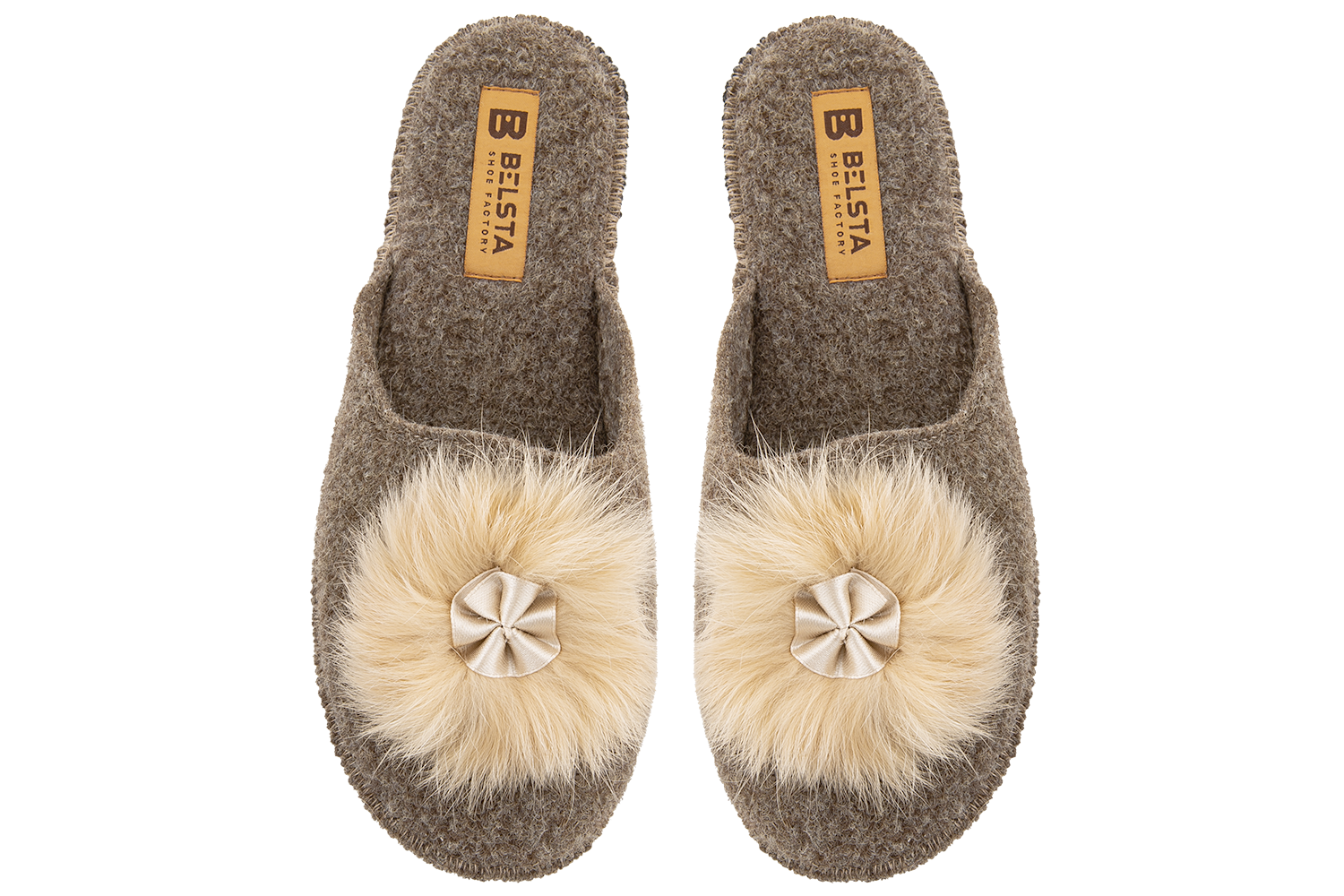Women's closed slippers BELSTA made of Italian felt, decorated with natural fur