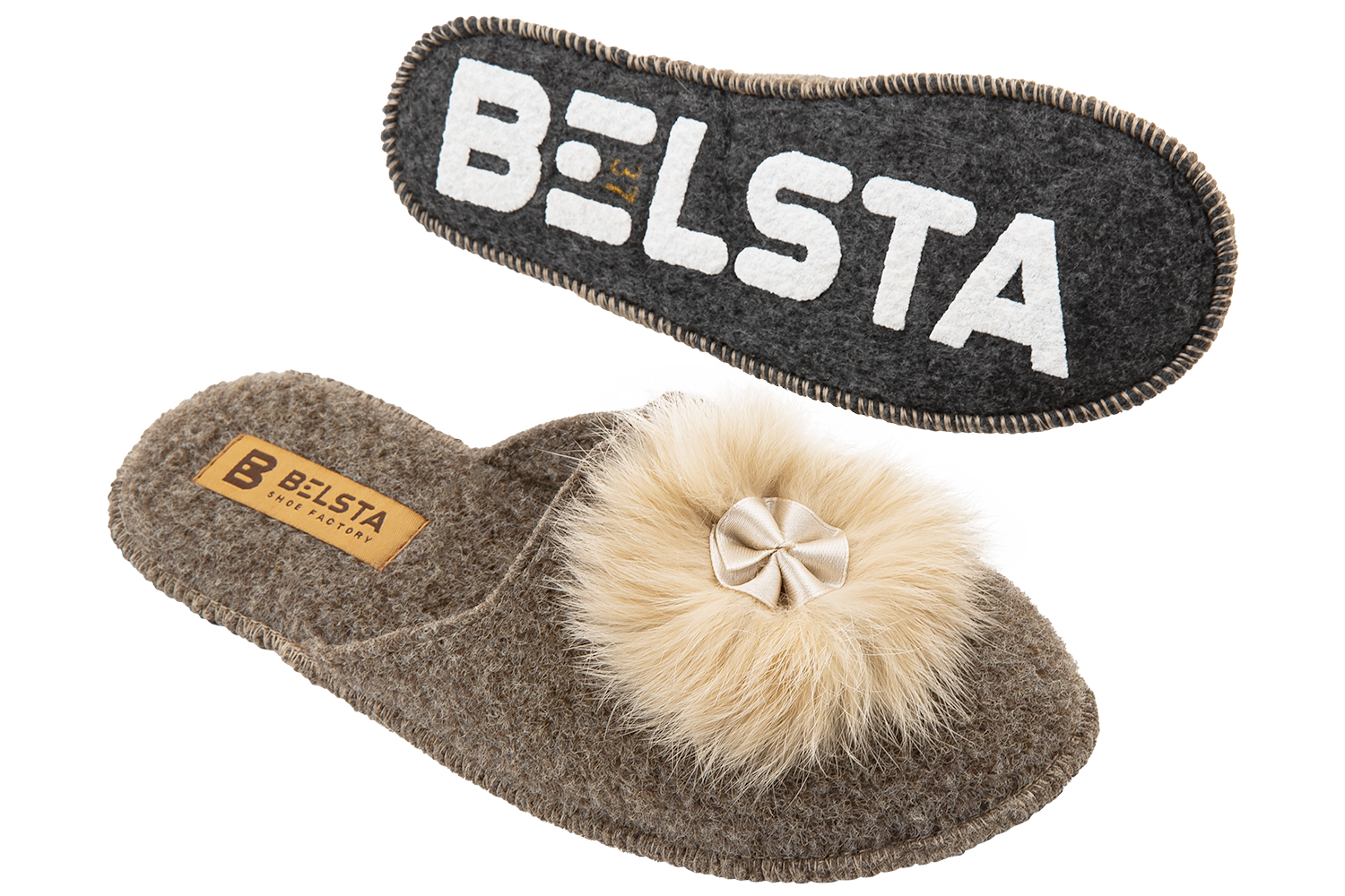 Women's closed slippers BELSTA made of Italian felt, decorated with natural fur