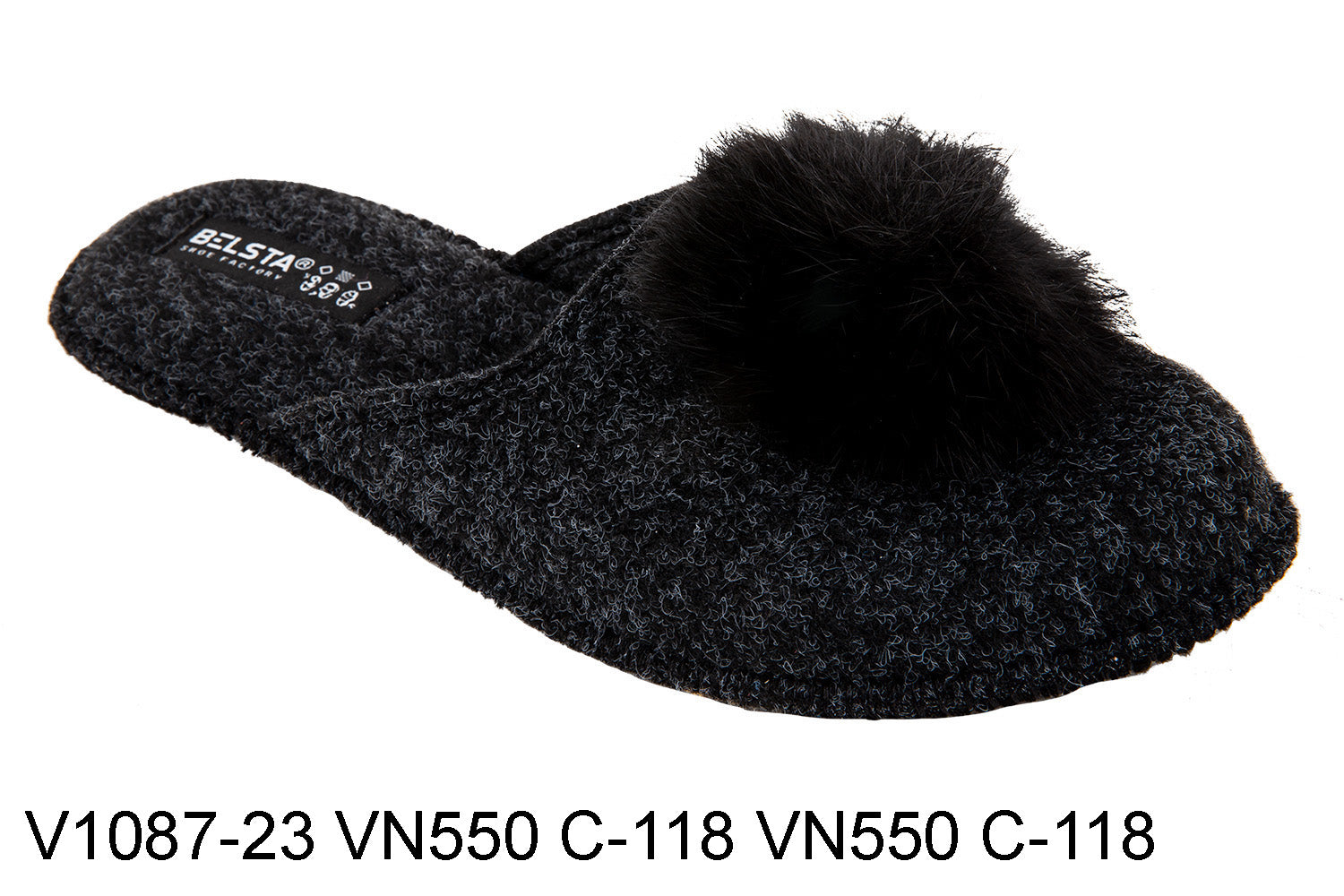 Indoor closed women's slippers made of Italian felt, decorated with fur