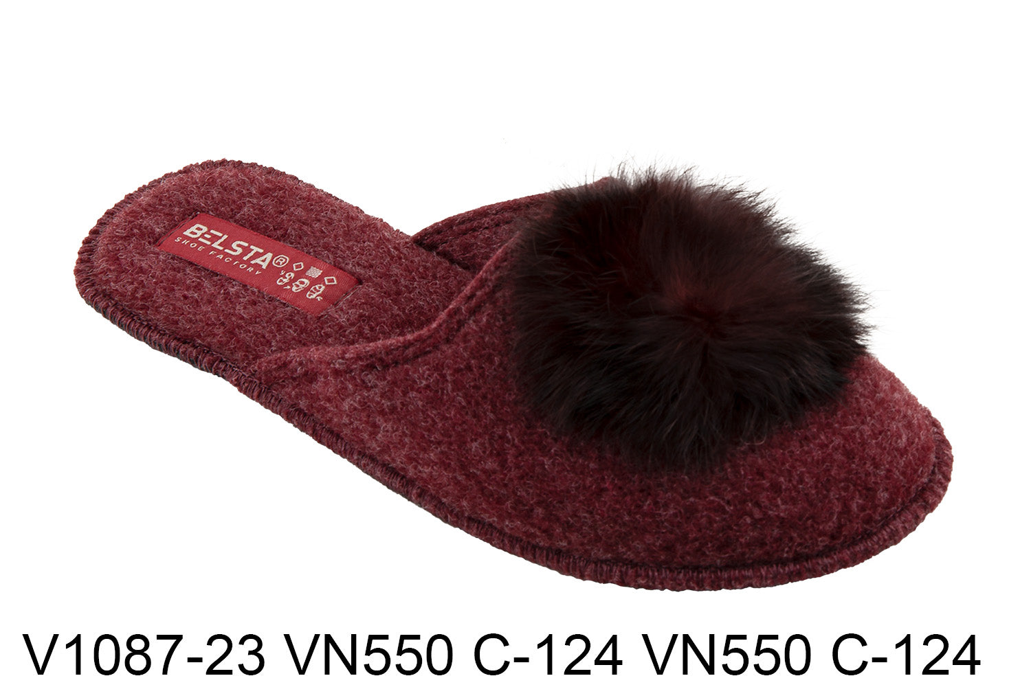 Indoor closed women's slippers made of Italian felt, decorated with fur