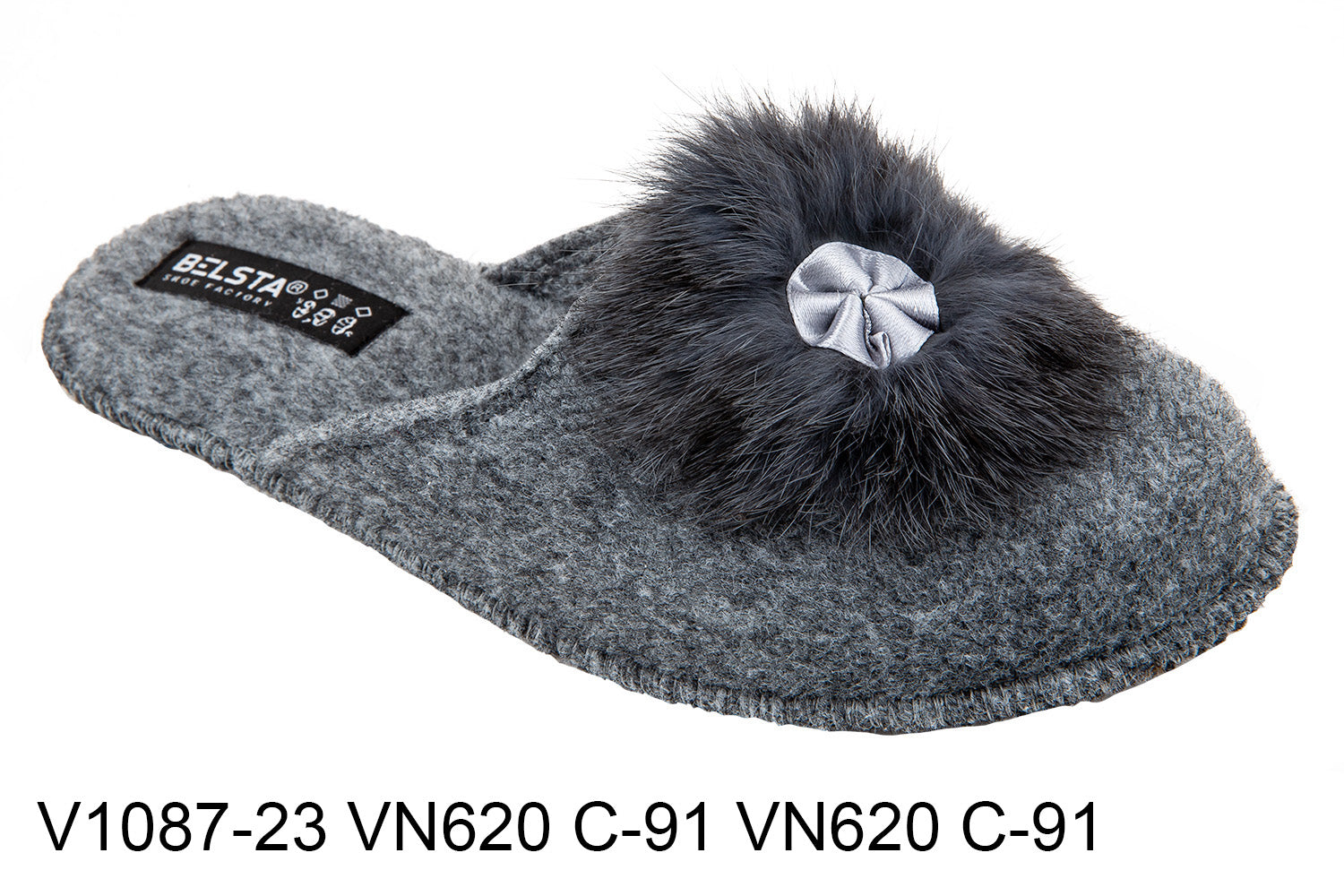 Indoor closed women's slippers made of Italian felt, decorated with fur