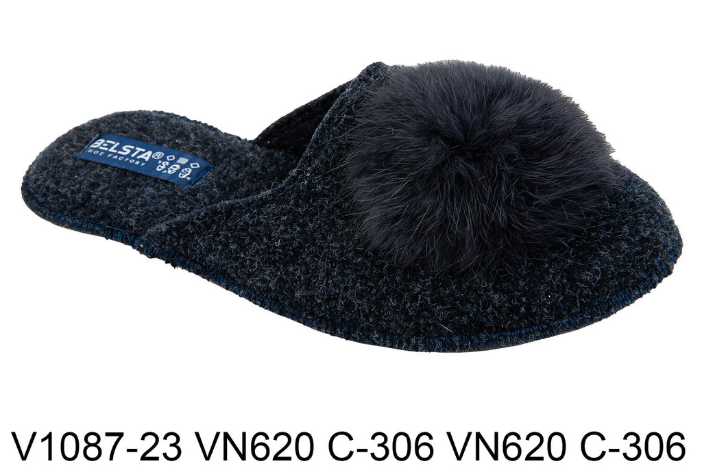 Indoor closed women's slippers made of Italian felt, decorated with fur