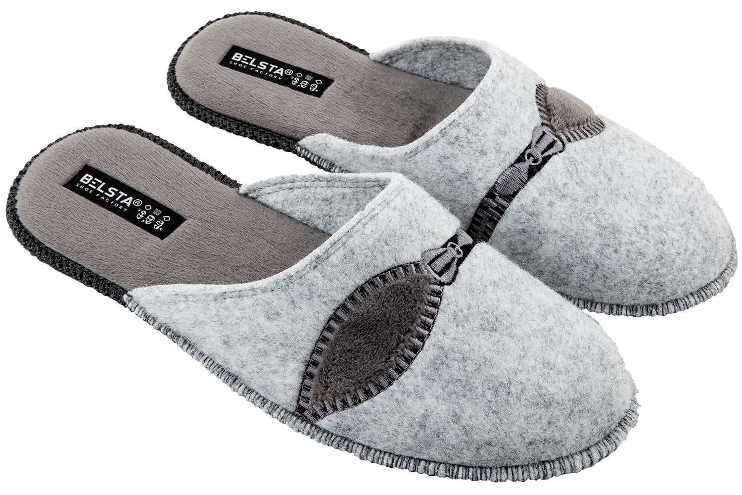Men's closed slippers BELSTA made of grey Italian felt, decorated with lightning bolt embroidery