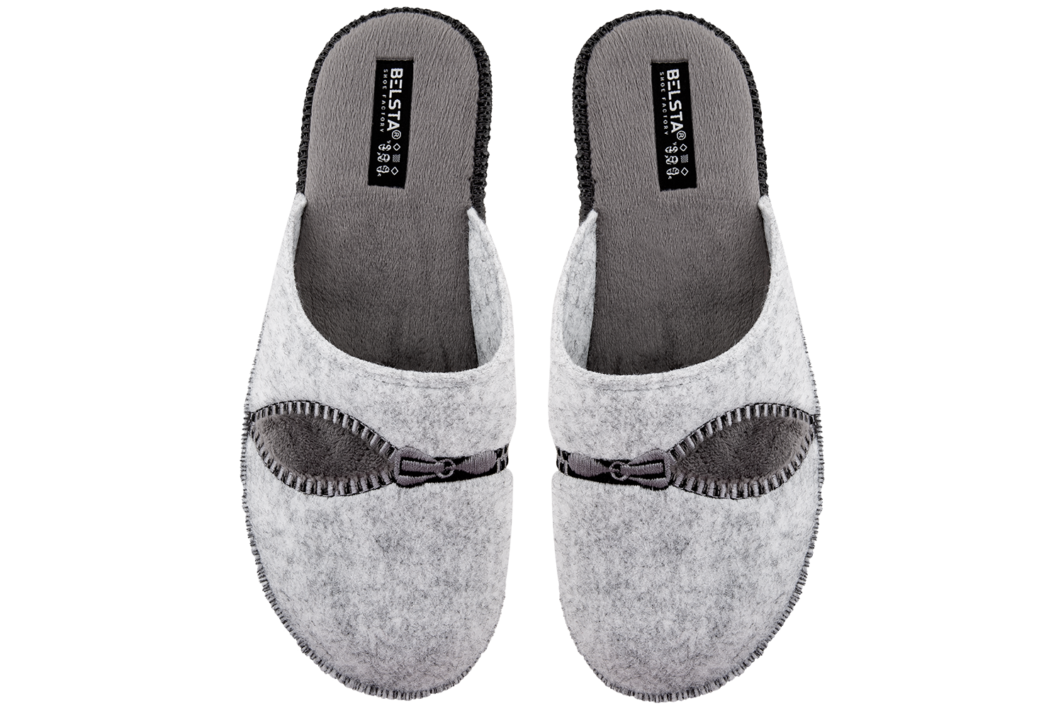 Men's closed slippers BELSTA made of grey Italian felt, decorated with lightning bolt embroidery