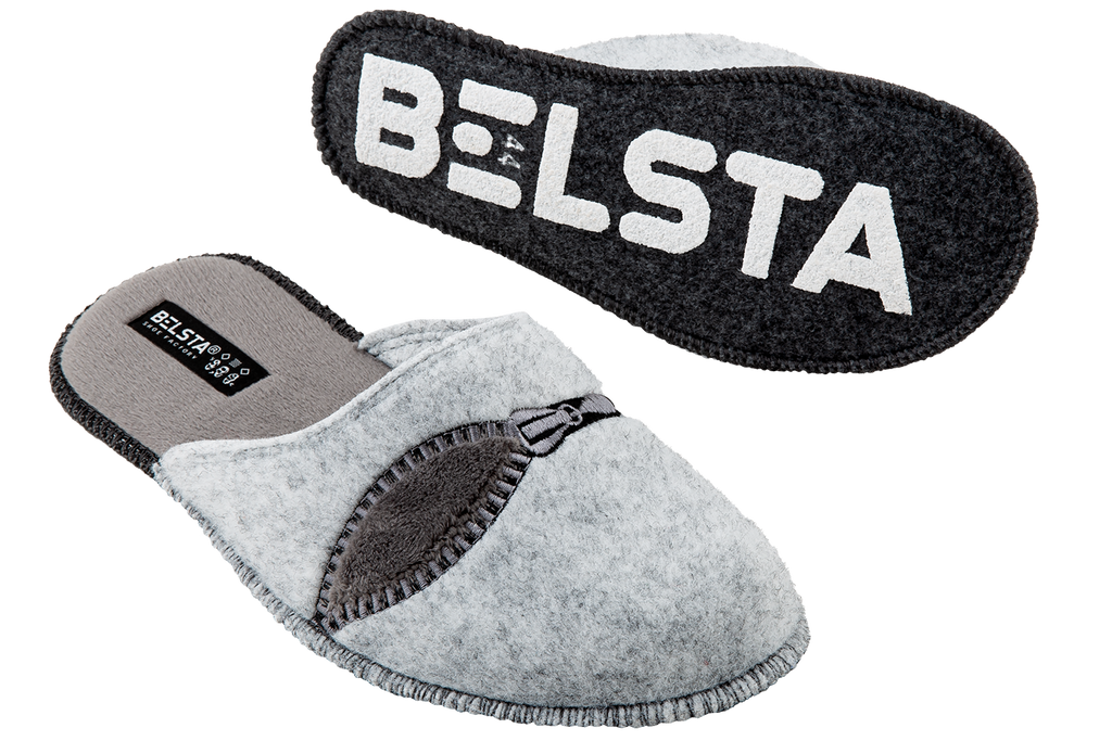 Men's closed slippers BELSTA made of grey Italian felt, decorated with lightning bolt embroidery